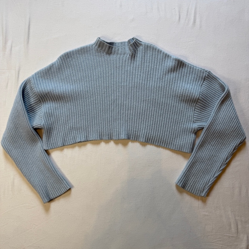 Zara Ribbed Cropped Sweater Mock Neck Light‎ Blue Woman Medium